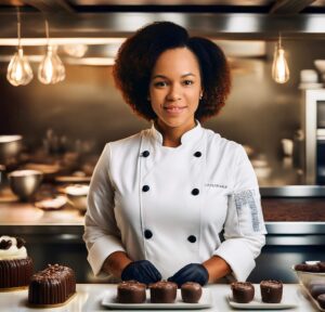 Chef Emily in a chic chef's coat, surrounded by chocolate desserts in a luxurious kitchen